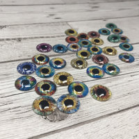 Pair of realistic green glass eye cabochons in sizes 6mm to 20mm realistic dragon eyes cat iris (351)