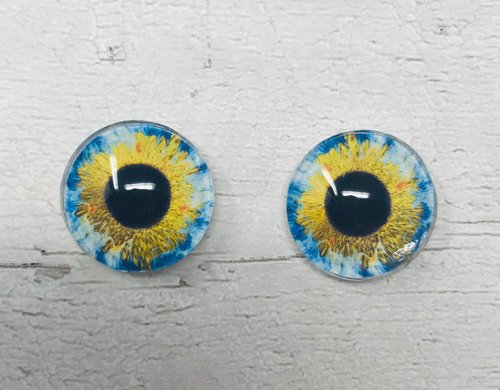Pair of Blue and gold Glass eye cabochons in sizes 6mm to 40mm human eyes fantasy creature animal eyes (082)