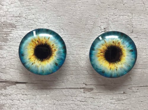 Blue and yellow glass eye cabochons in sizes 6mm to 40mm dragon eyes cat iris (360)